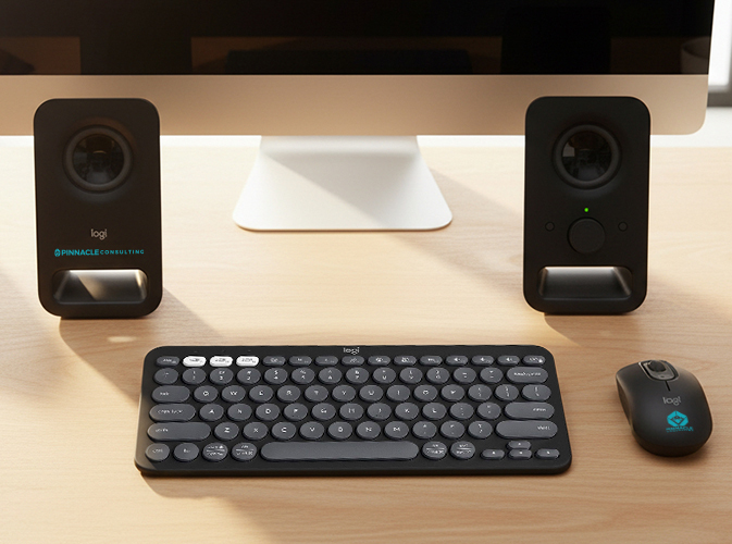 Promotional tech items with a clear logo